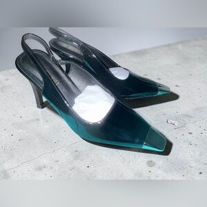 Patent Pointed Slingback Heels in Black and Teal